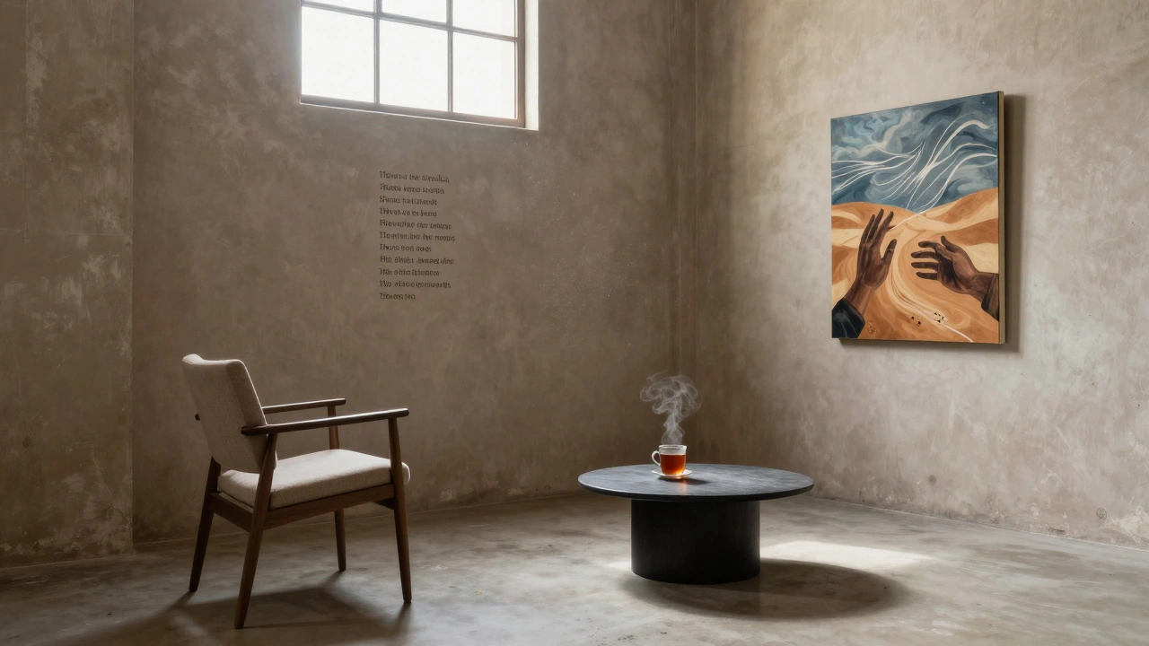 A quiet art gallery corner with a single chair, tea, and abstract artwork, evoking stillness and the echo of spoken poetry.