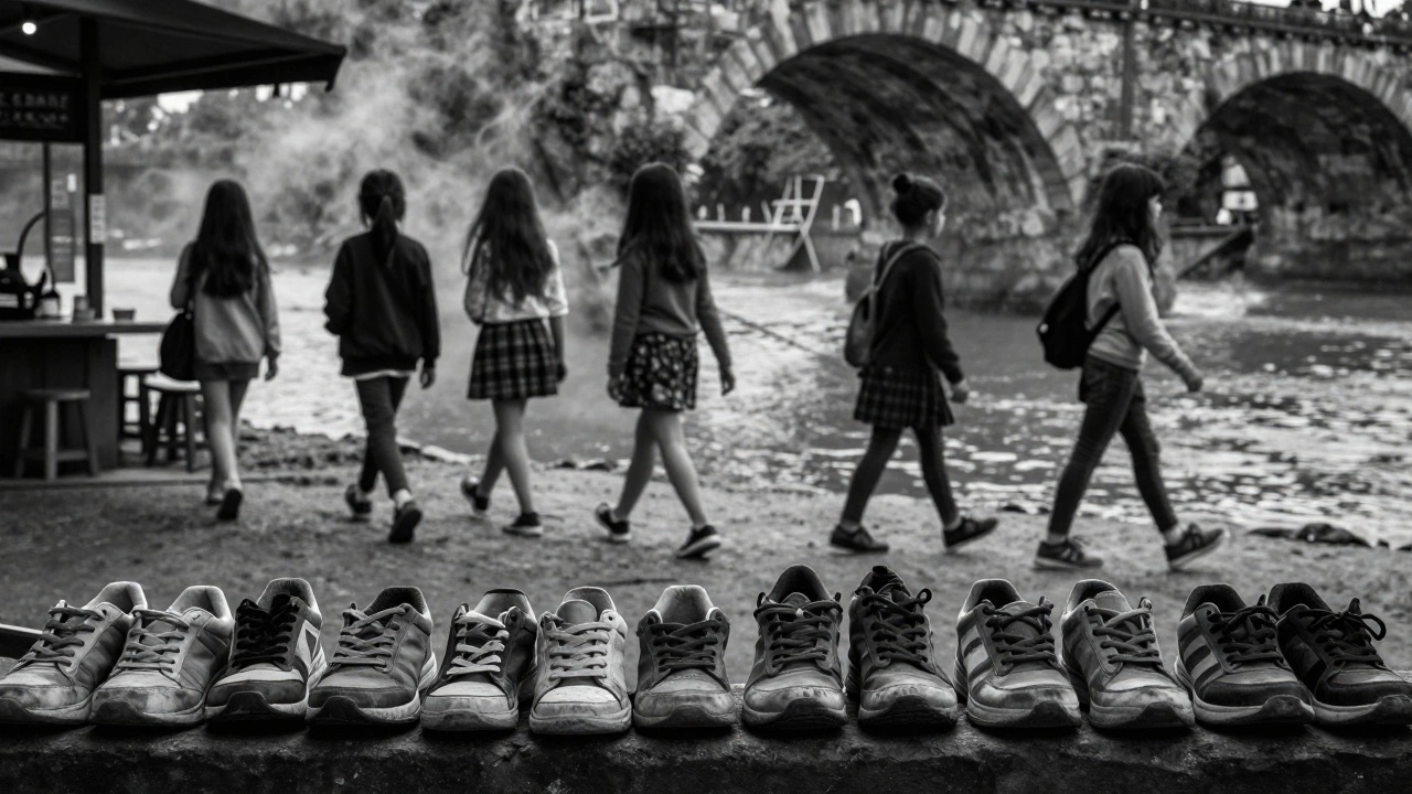 A row of worn-out sneakers on a riverside ledge, silhouettes of girls walking away under stone arches, no faces, only rhythm and repetition.