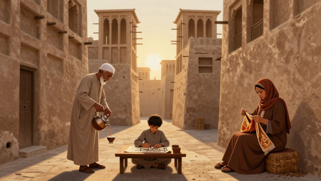 Sunrise in Al Fahidi Historical Neighbourhood, with elders drinking coffee and a child learning calligraphy in narrow alleyways.